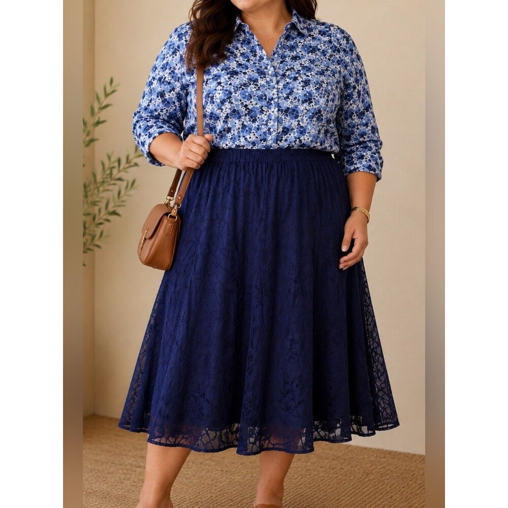 Multiples 1X Navy Blue Textured Cotton Midi Skirt Plus Size Elastic Waist Lined